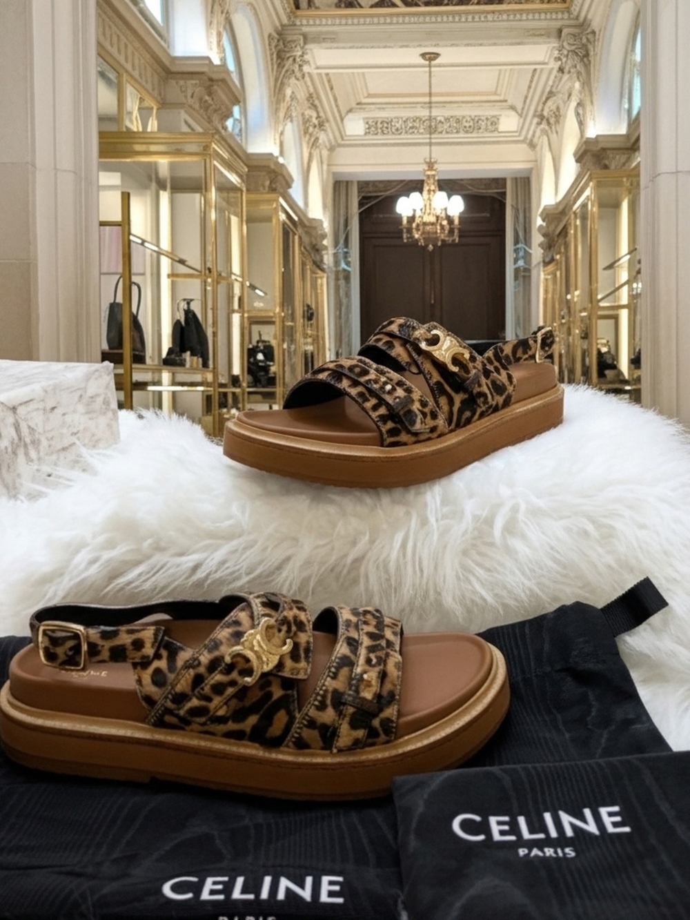 Celine Tippi Triomphe Calfskin Leopard Print Platform Slide Sandals - Brown/Tan